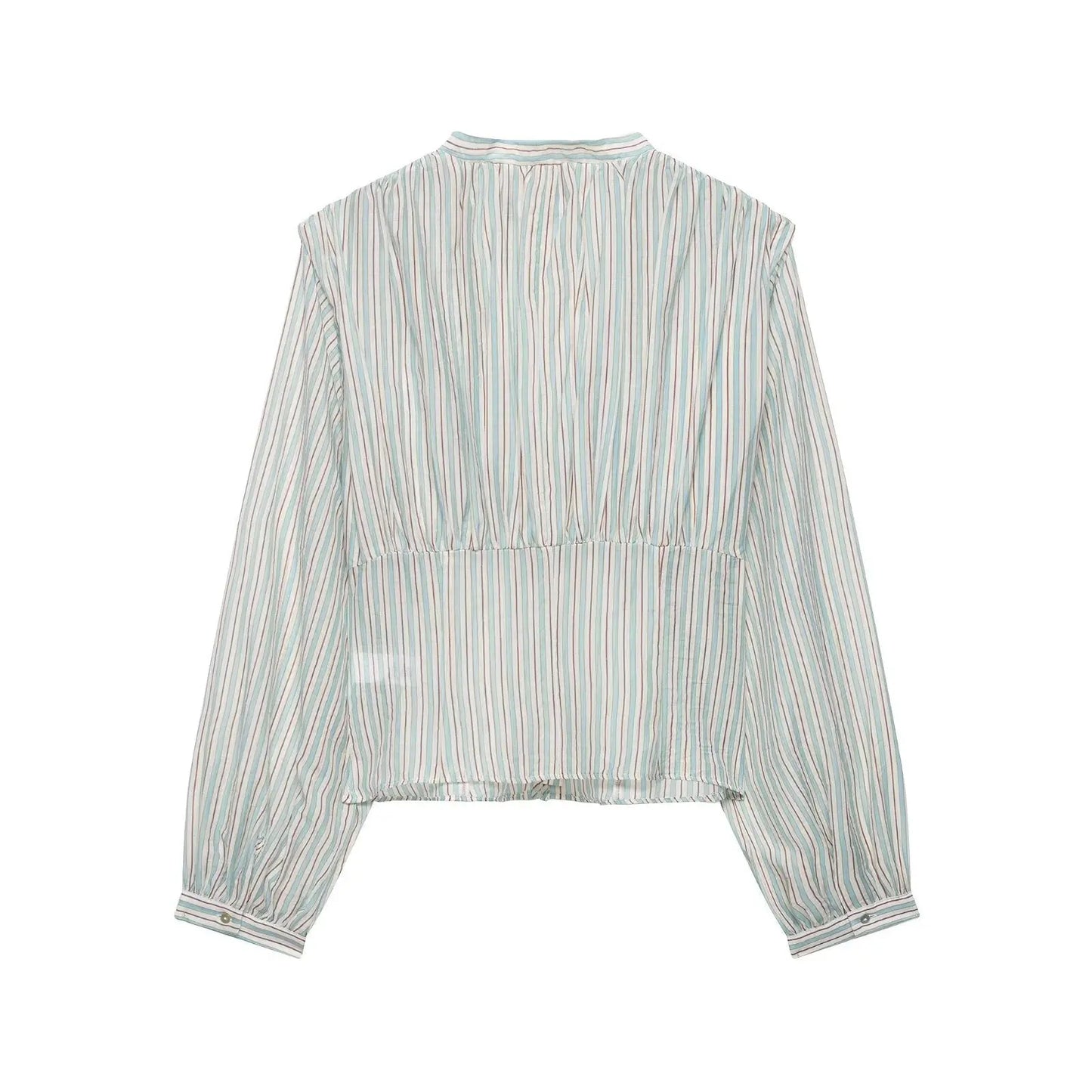 Women Clothing Top Product V neck Casual Stripes Waist Trimming Shirt Wanita Store