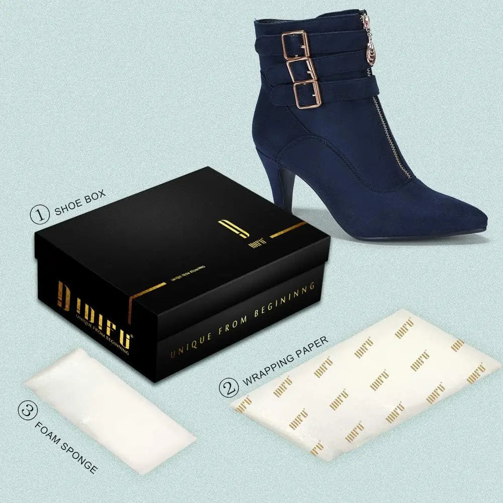 Women'S Pointed Toe Metal Buckle Two Strap Ankle Booties Side Zipper Kitten Heel Dress Classic Short Boots