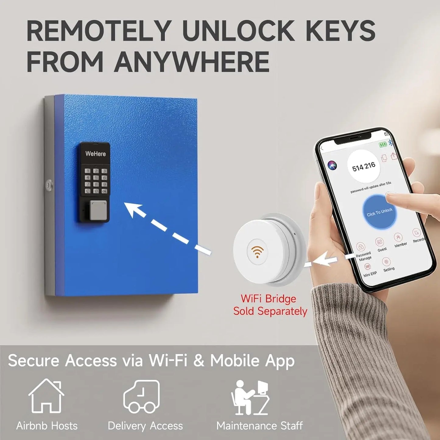32-Key Smart Key Lock Box with Key Management App(Track Key Borrow/Return), Keypad, Bluetooth & Wifi Unlock (Sold Separately), Wall-Mount Commercial Key Cabinet for School, Rental, Office