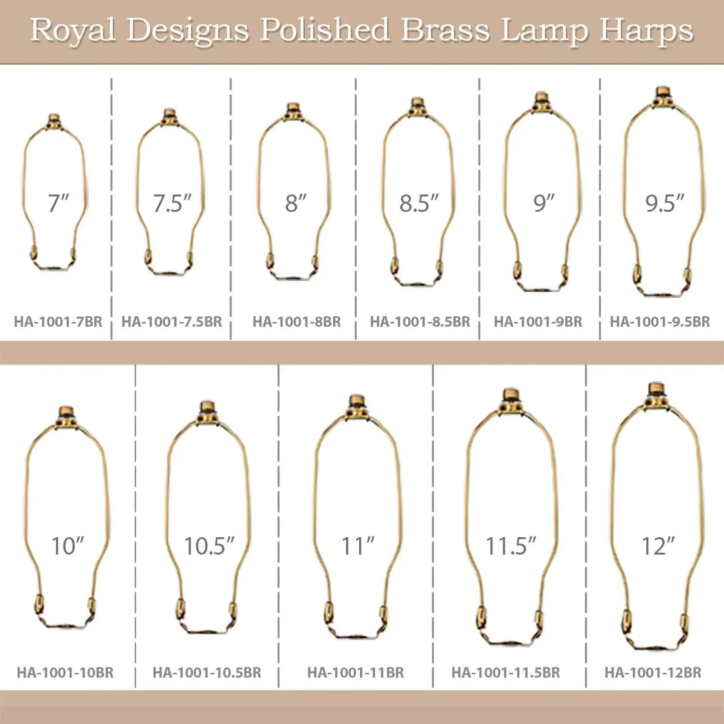 HA-1001-7BR-1 Heavy Duty Harp for Lamp Shade Holder, 7 Inch, Polished Brass Base