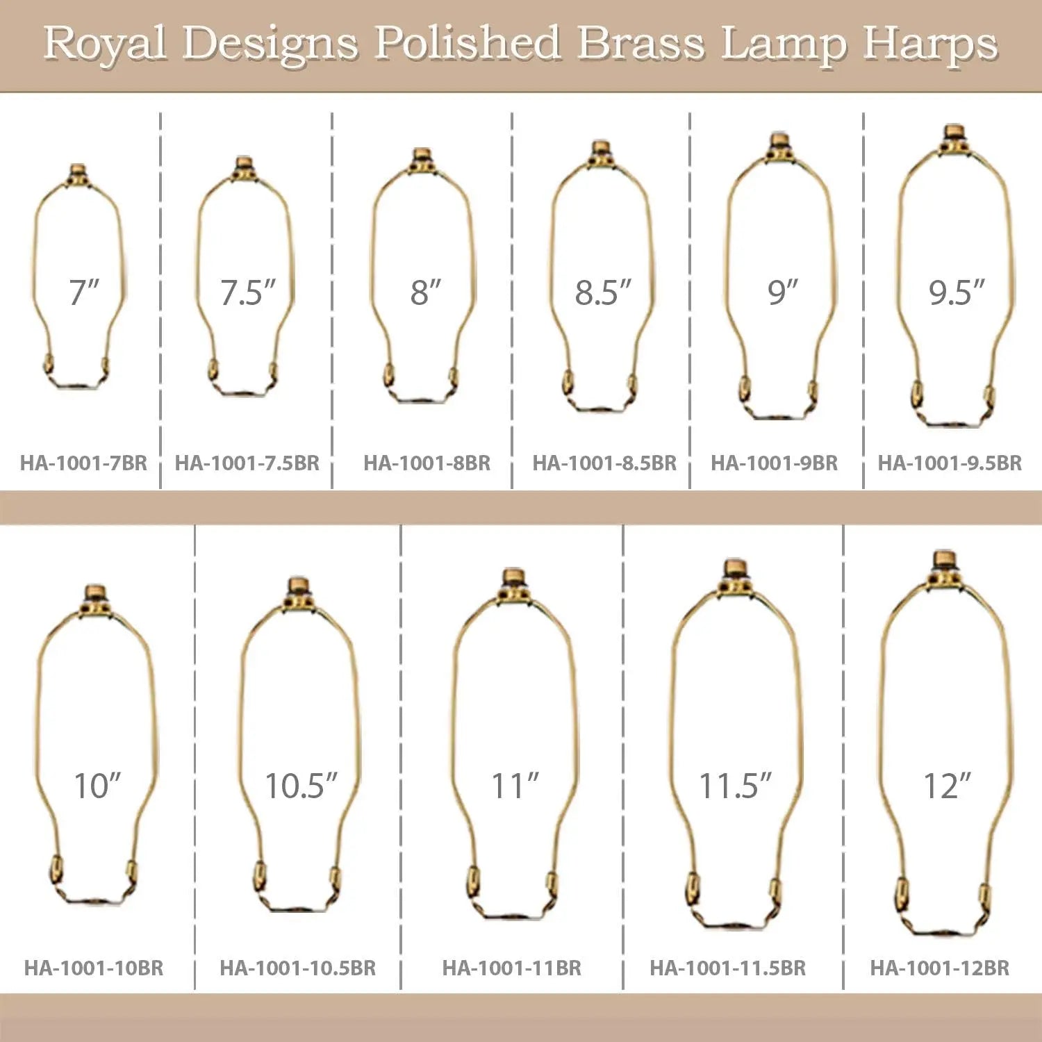 HA-1001-7BR-1 Heavy Duty Harp for Lamp Shade Holder, 7 Inch, Polished Brass Base