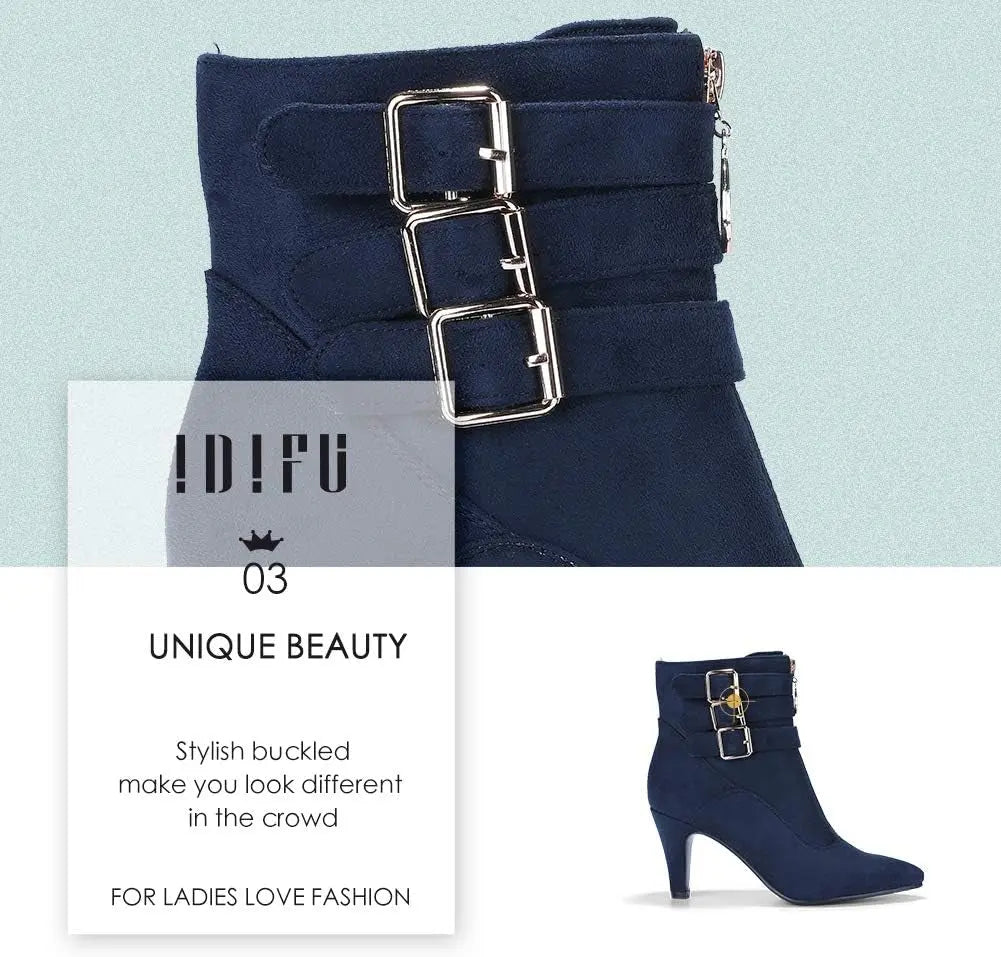 Women'S Pointed Toe Metal Buckle Two Strap Ankle Booties Side Zipper Kitten Heel Dress Classic Short Boots