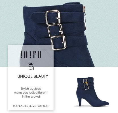 Women'S Pointed Toe Metal Buckle Two Strap Ankle Booties Side Zipper Kitten Heel Dress Classic Short Boots