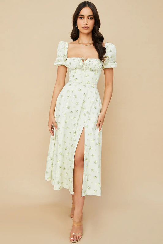 Women Summer Top Product Puff Sleeve Floral Tie Neck High Slit Women Dress Summer Ragazza