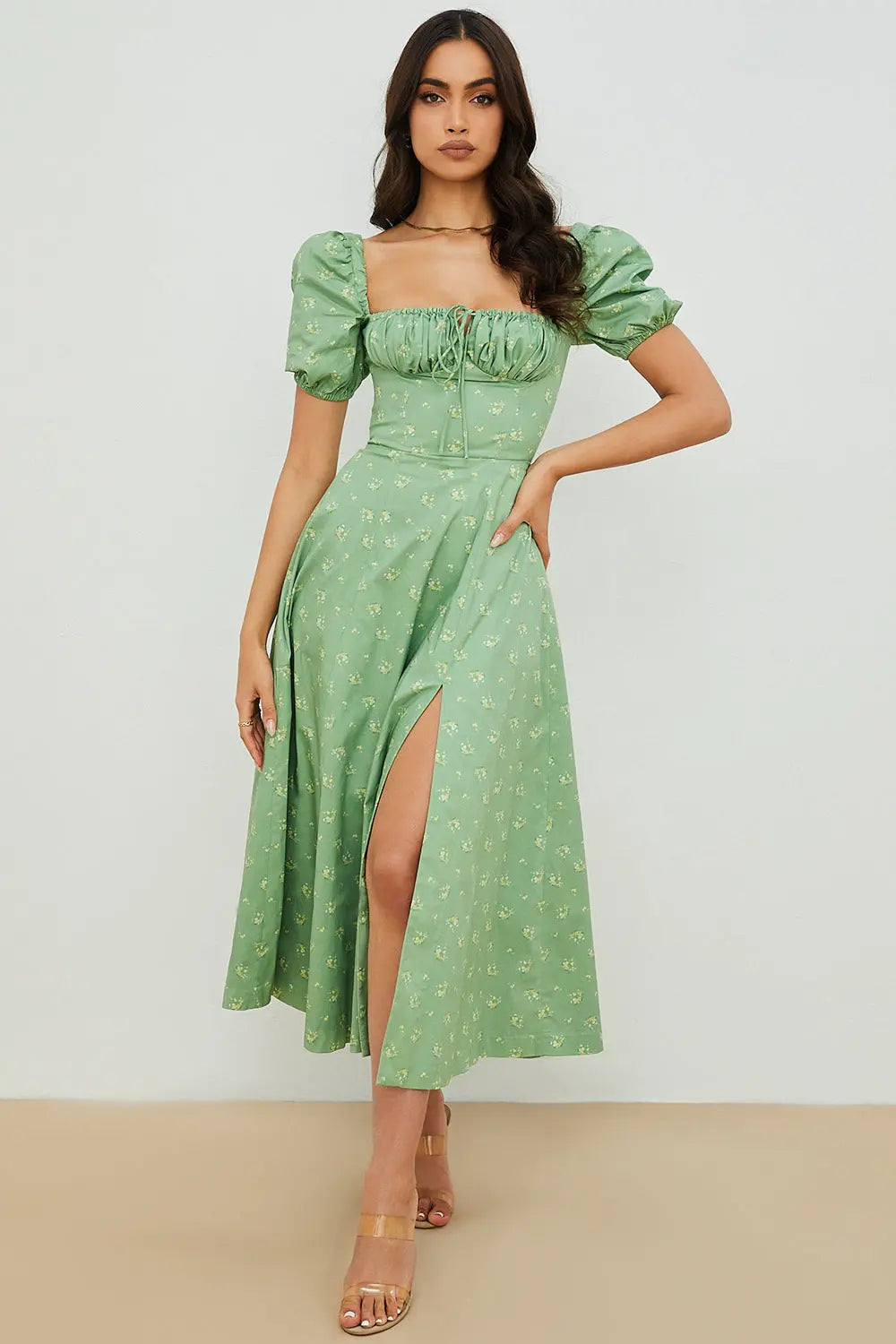 Women Summer Top Product Puff Sleeve Floral Tie Neck High Slit Women Dress Summer Ragazza