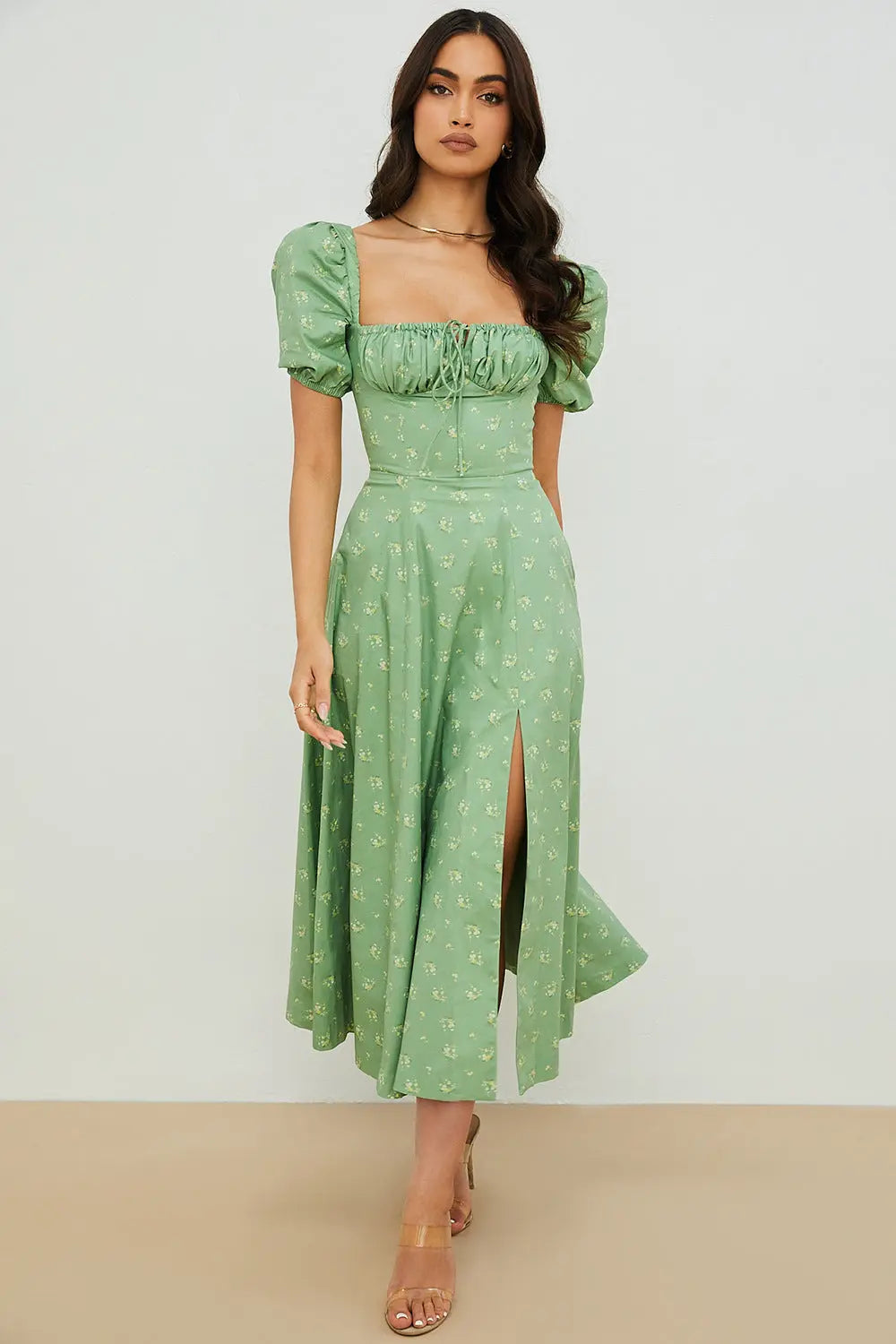Women Summer Top Product Puff Sleeve Floral Tie Neck High Slit Women Dress Summer Ragazza