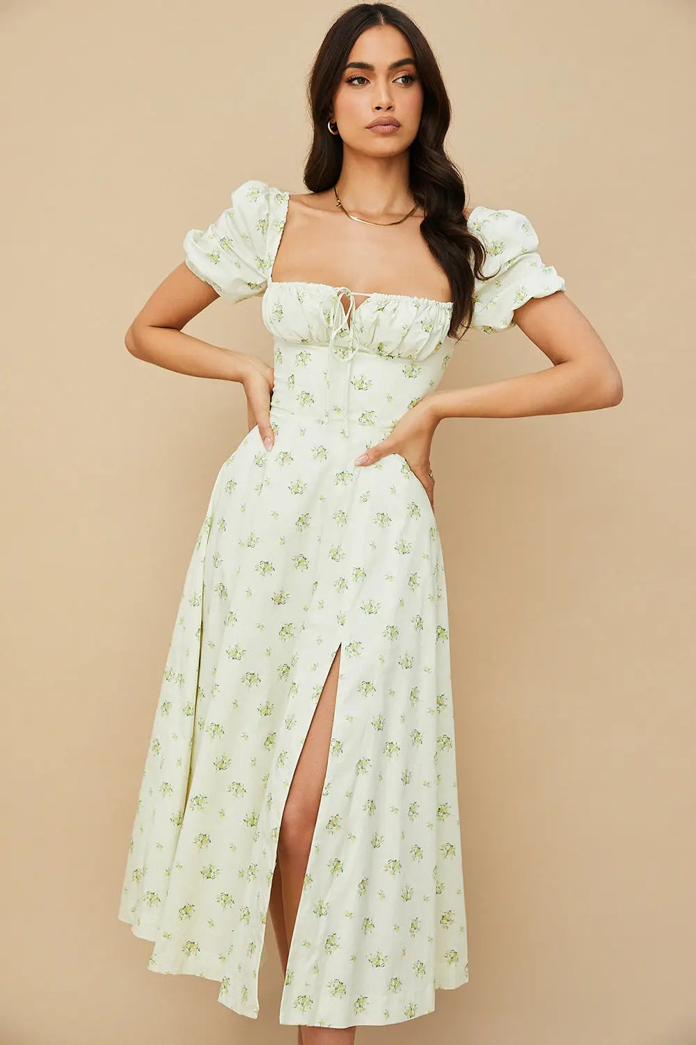 Women Summer Top Product Puff Sleeve Floral Tie Neck High Slit Women Dress Summer Ragazza