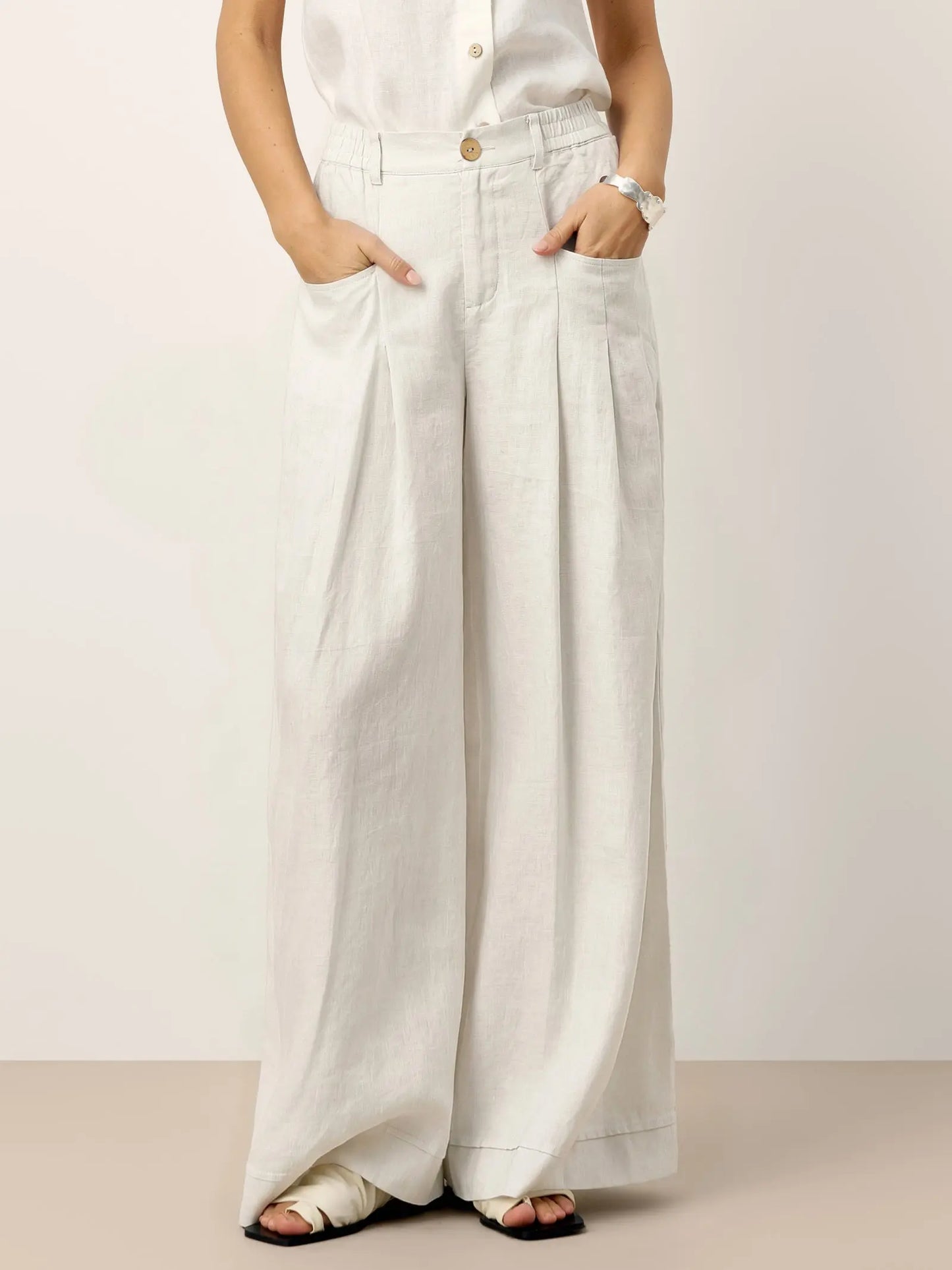 100% Linen Sculpted Pleat Elasticated Back Relaxed Pants VERIDIANA LINTICO