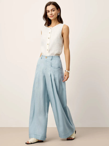 100% Linen Sculpted Pleat Elasticated Back Relaxed Pants VERIDIANA LINTICO