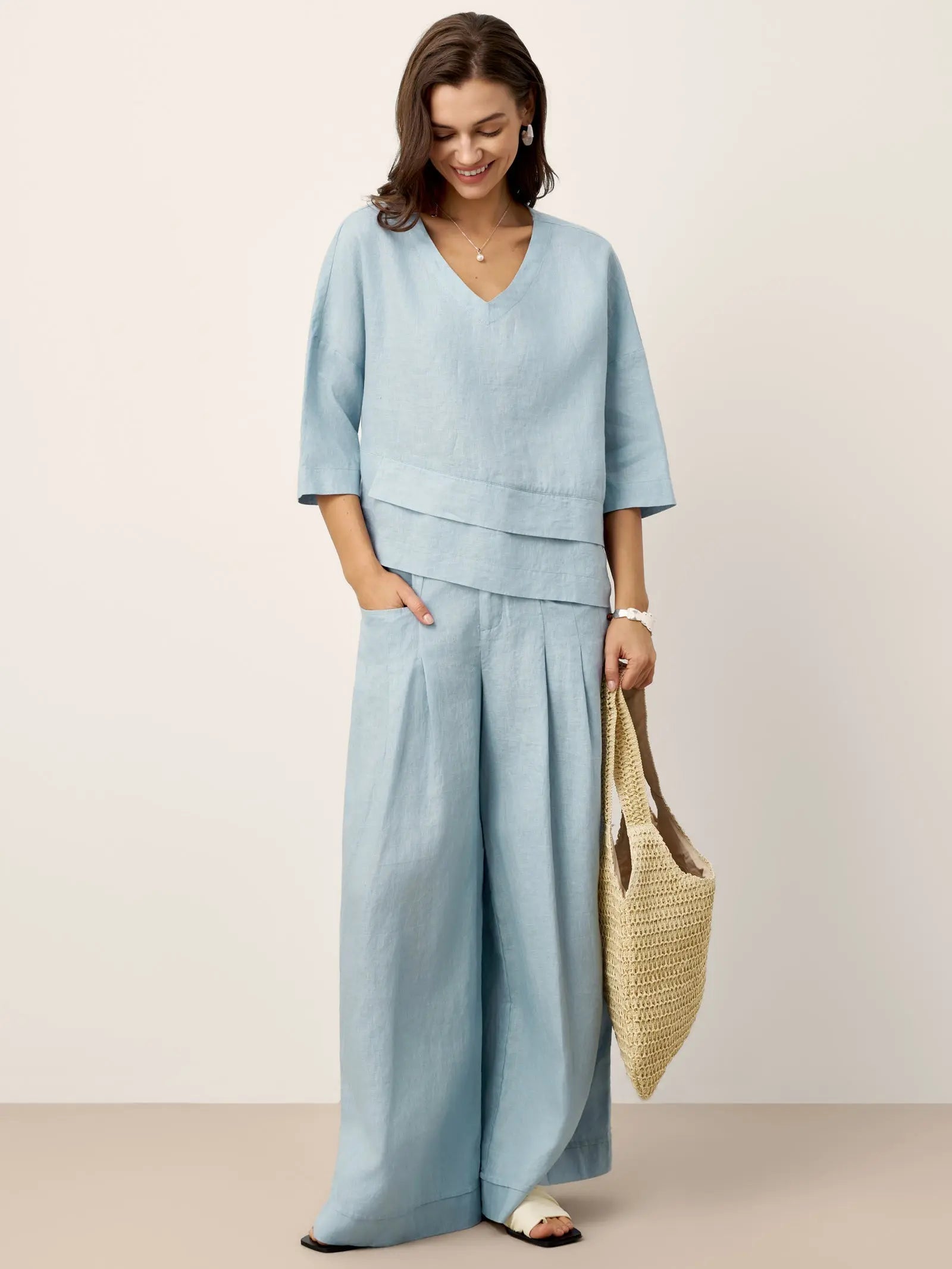100% Linen Sculpted Pleat Elasticated Back Relaxed Pants VERIDIANA LINTICO