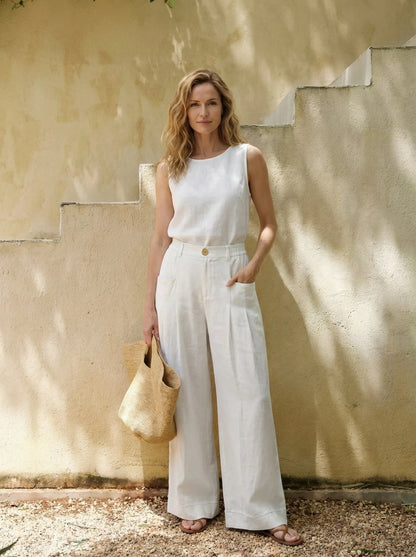 100% Linen Sculpted Pleat Elasticated Back Relaxed Pants VERIDIANA LINTICO