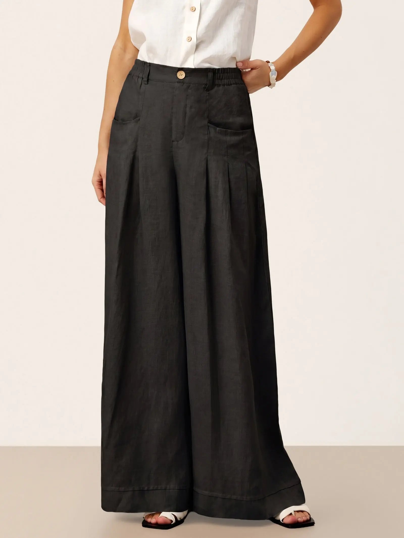 100% Linen Sculpted Pleat Elasticated Back Relaxed Pants VERIDIANA LINTICO