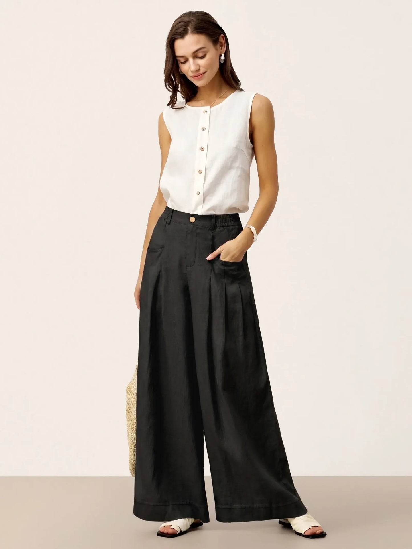 100% Linen Sculpted Pleat Elasticated Back Relaxed Pants VERIDIANA LINTICO