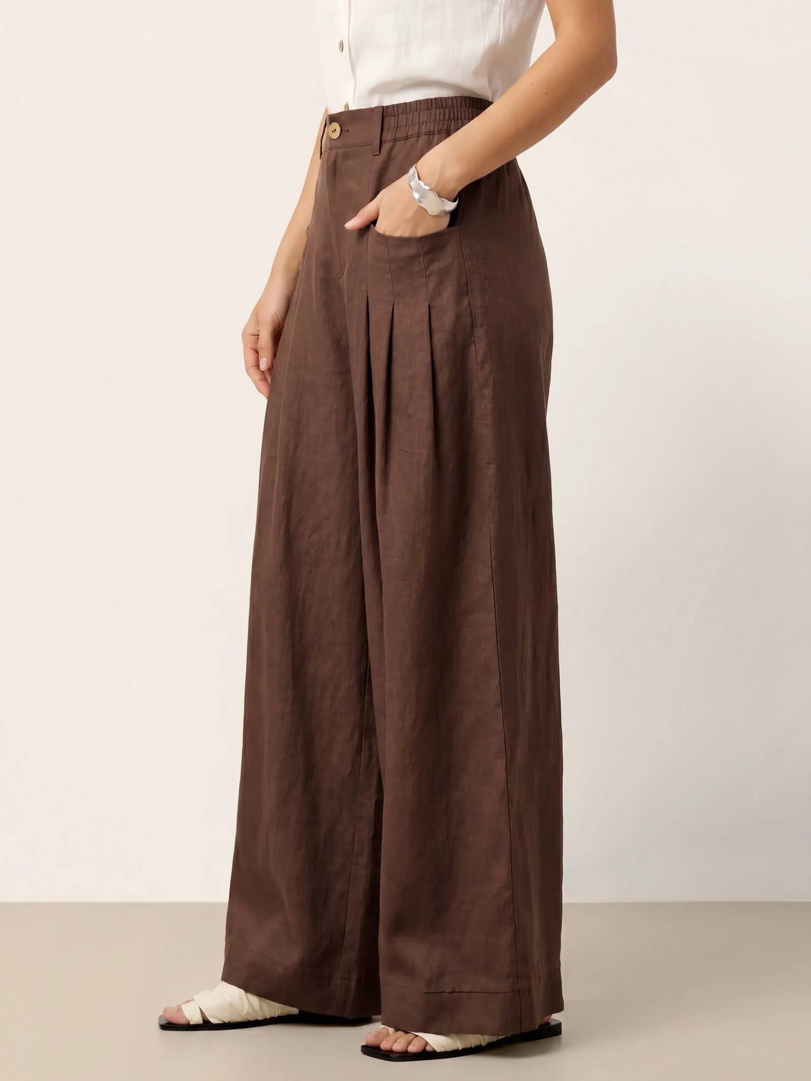 100% Linen Sculpted Pleat Elasticated Back Relaxed Pants VERIDIANA LINTICO