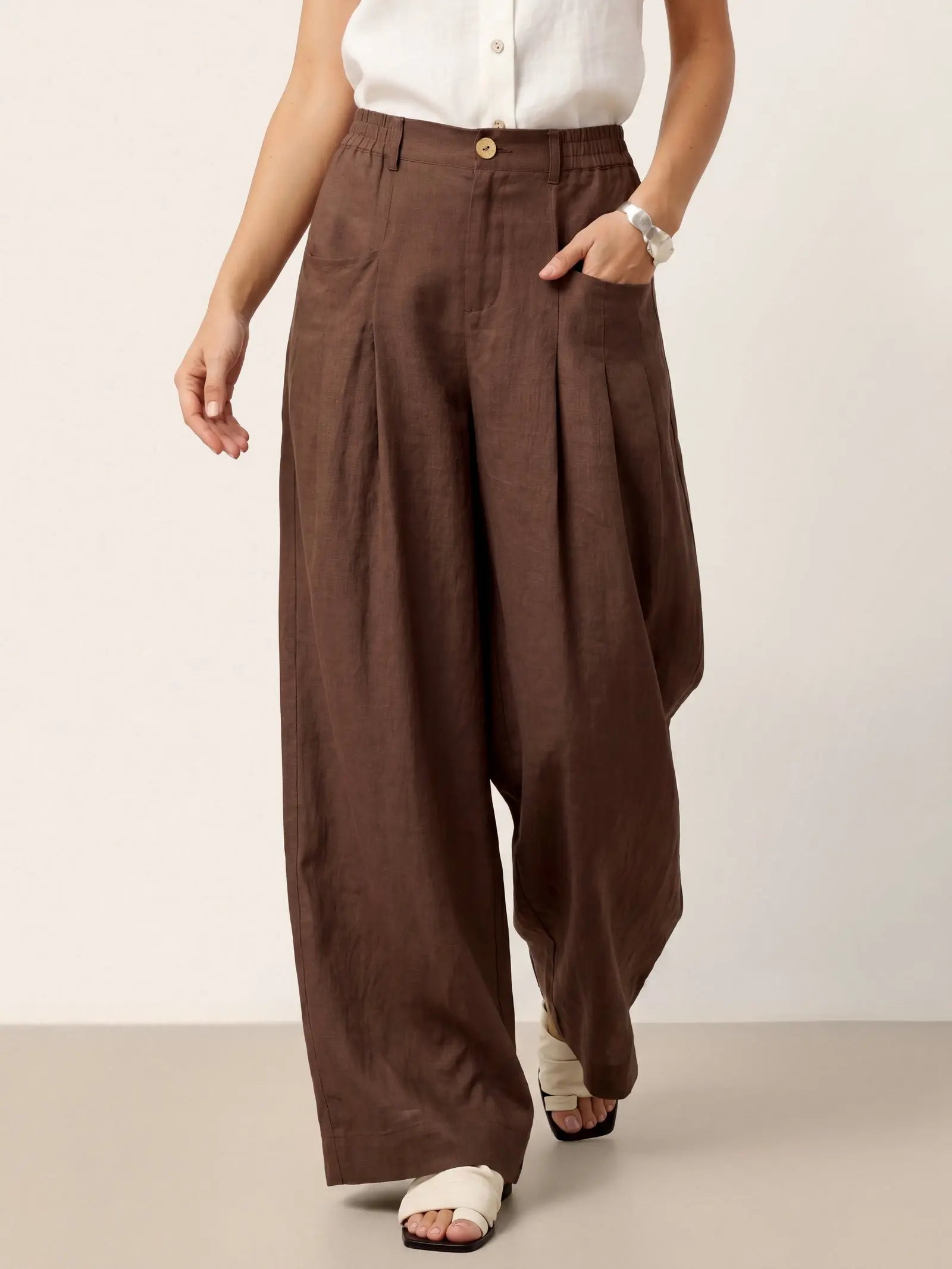 100% Linen Sculpted Pleat Elasticated Back Relaxed Pants VERIDIANA LINTICO