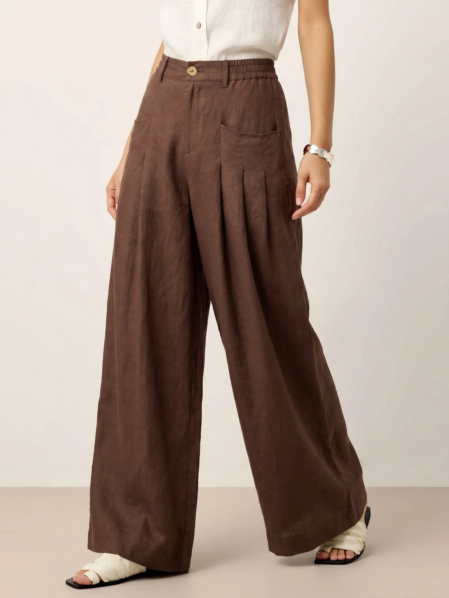 100% Linen Sculpted Pleat Elasticated Back Relaxed Pants VERIDIANA LINTICO