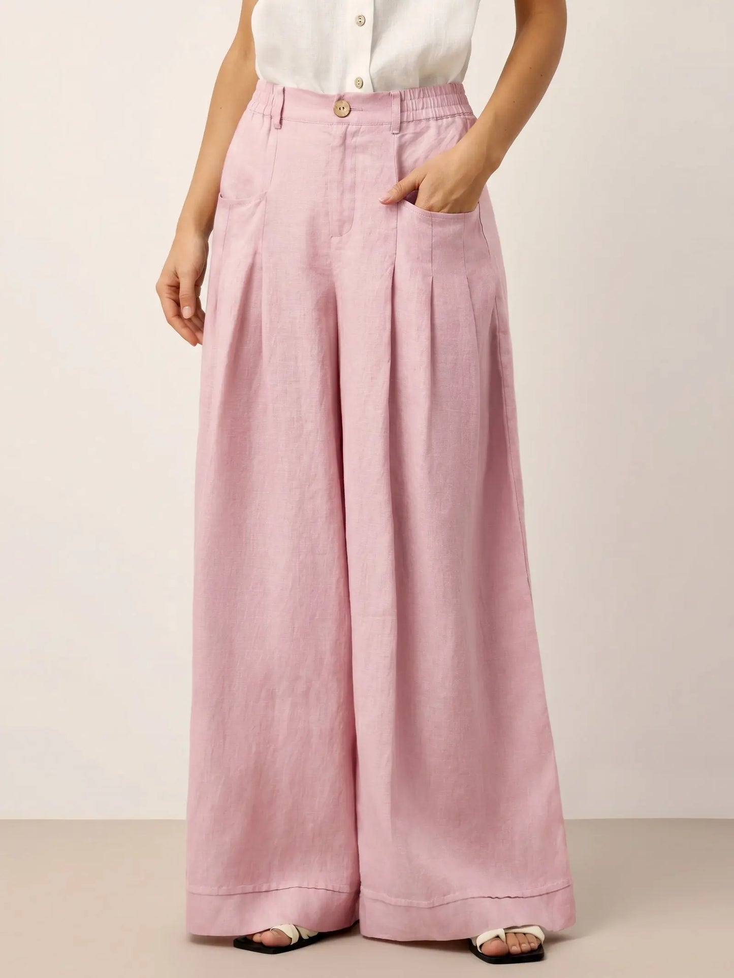 100% Linen Sculpted Pleat Elasticated Back Relaxed Pants VERIDIANA LINTICO