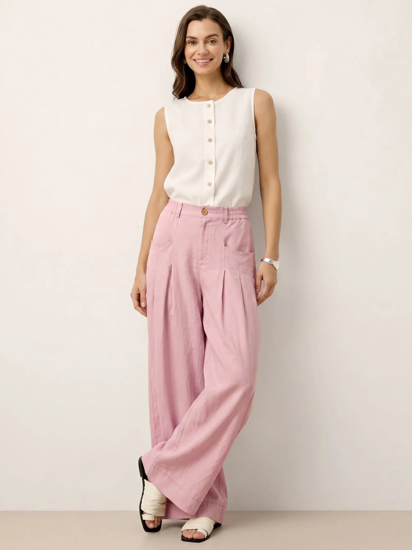 100% Linen Sculpted Pleat Elasticated Back Relaxed Pants VERIDIANA LINTICO