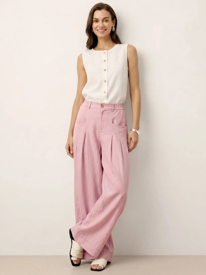 100% Linen Sculpted Pleat Elasticated Back Relaxed Pants VERIDIANA LINTICO