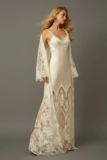 Chantilly Lace Long Robe with Silky Satin Lace Nightgown - next day shipping SelenaHuanStudio