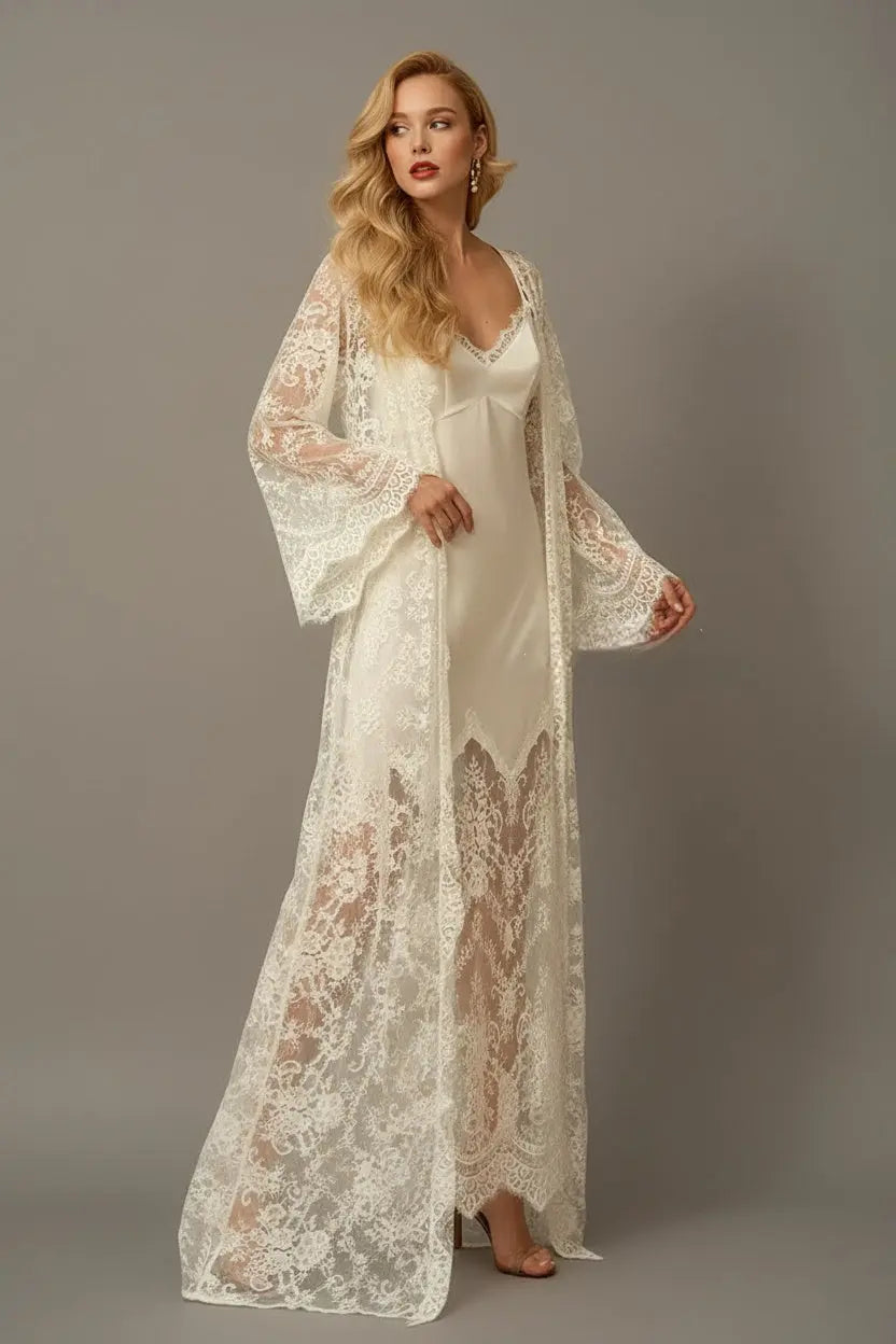 Chantilly Lace Long Robe with Silky Satin Lace Nightgown - next day shipping SelenaHuanStudio