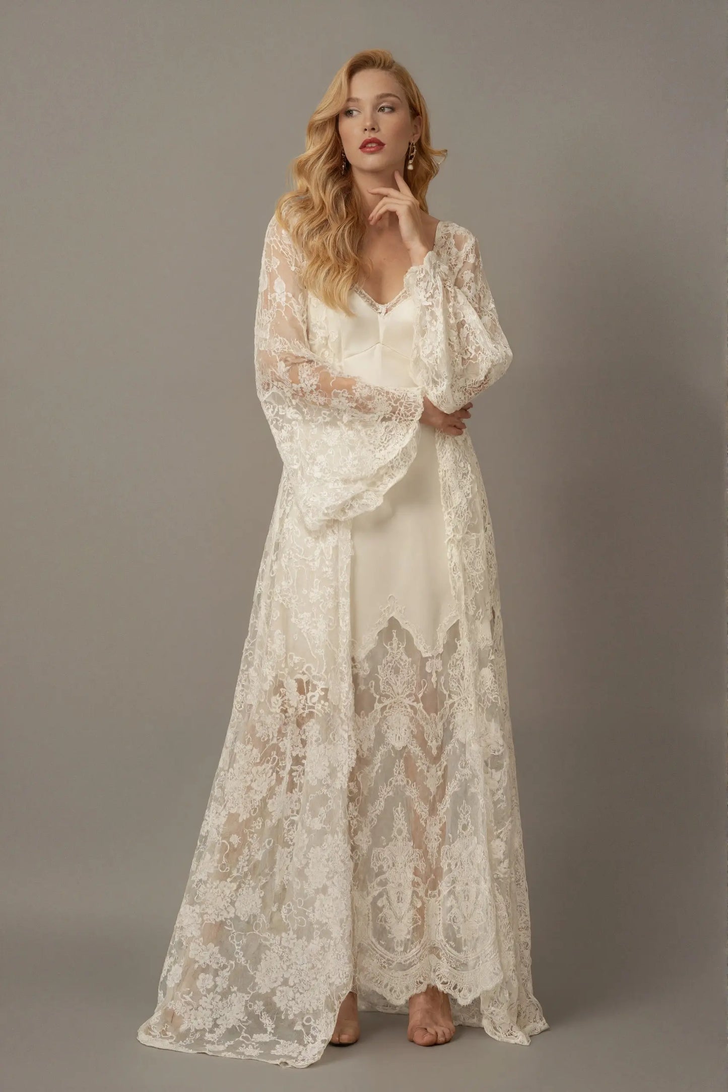Chantilly Lace Long Robe with Silky Satin Lace Nightgown - next day shipping SelenaHuanStudio
