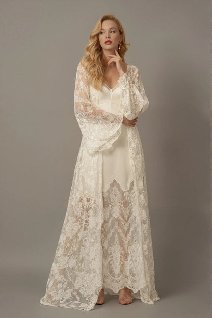 Chantilly Lace Long Robe with Silky Satin Lace Nightgown - next day shipping SelenaHuanStudio