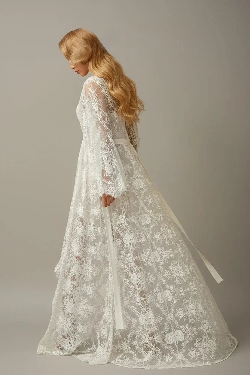 Chantilly Lace Long Robe with Silky Satin Lace Nightgown - next day shipping SelenaHuanStudio