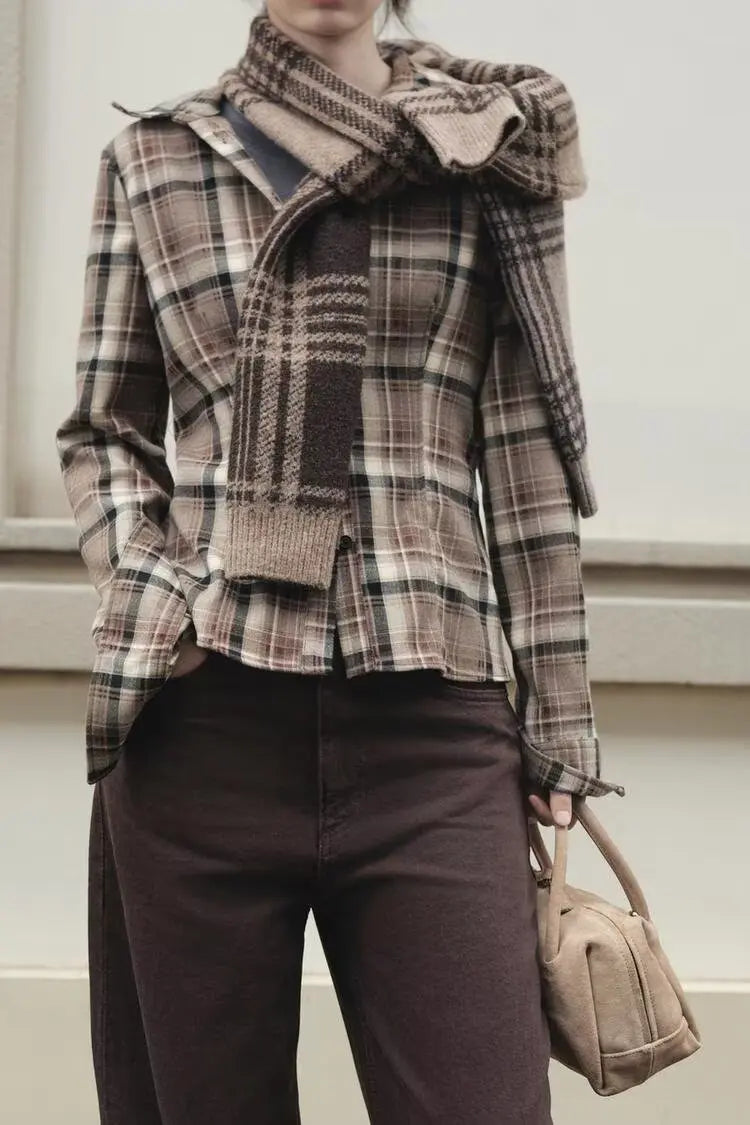 Women Clothing Top Product Slim Fit Plaid Shirt Wanita Store