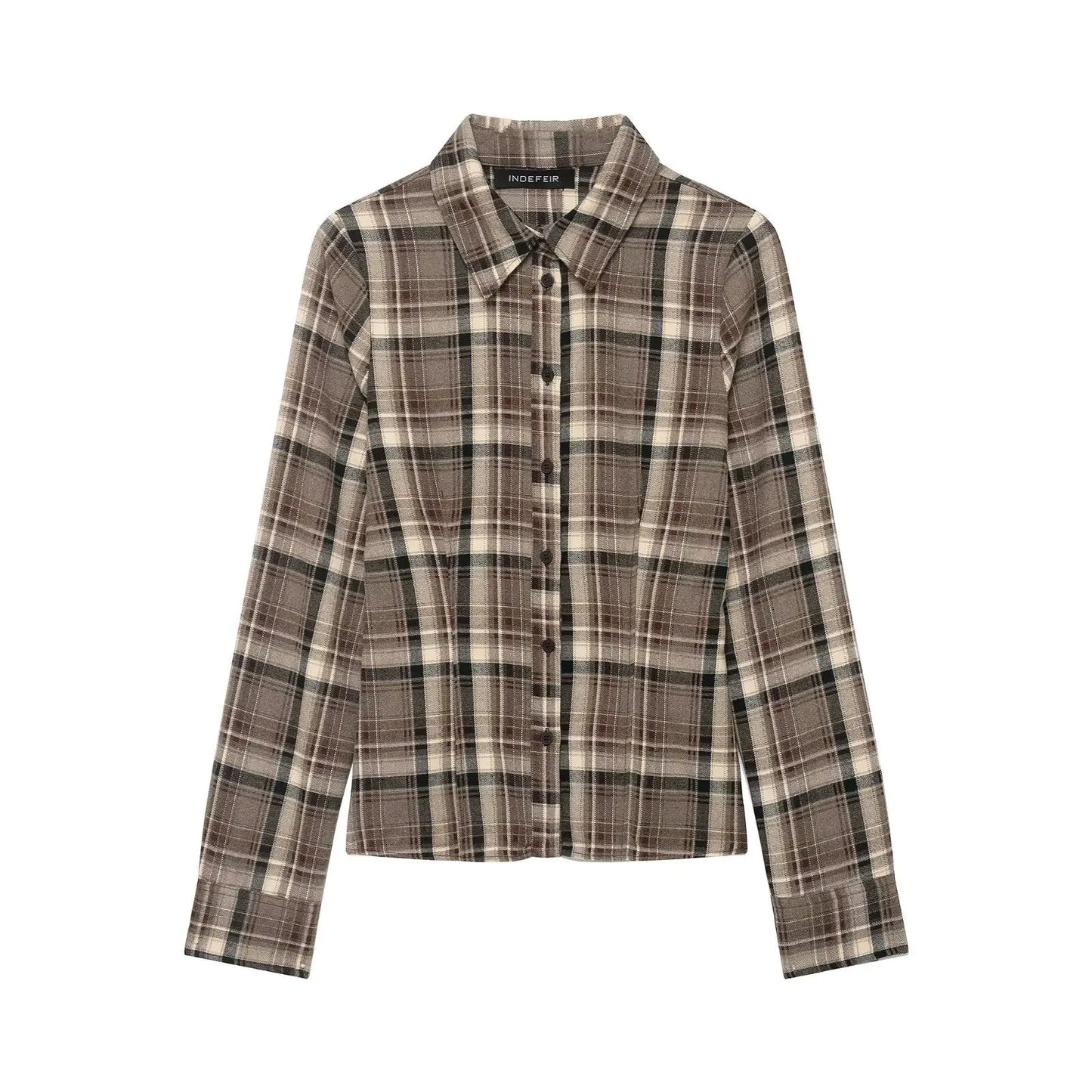 Women Clothing Top Product Slim Fit Plaid Shirt Wanita Store