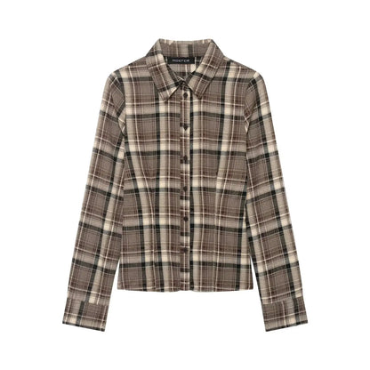 Women Clothing Top Product Slim Fit Plaid Shirt Wanita Store