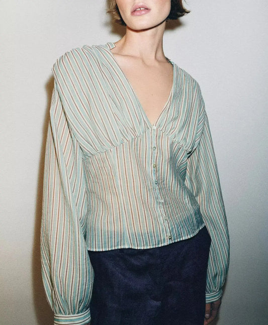 Women Clothing Top Product V neck Casual Stripes Waist Trimming Shirt Wanita Store