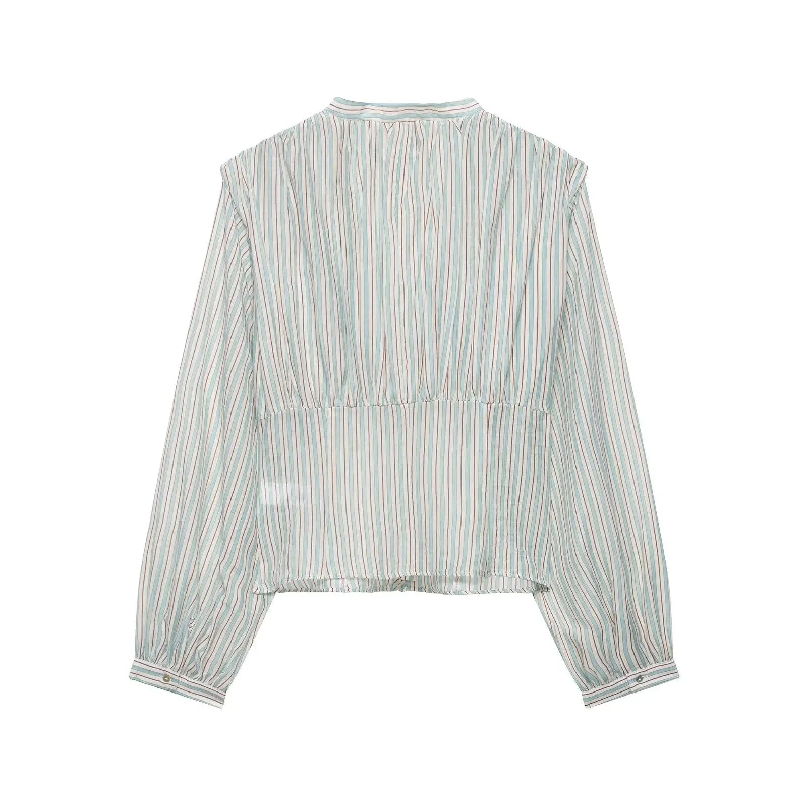 Women Clothing Top Product V neck Casual Stripes Waist Trimming Shirt Wanita Store