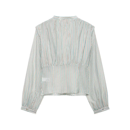 Women Clothing Top Product V neck Casual Stripes Waist Trimming Shirt Wanita Store