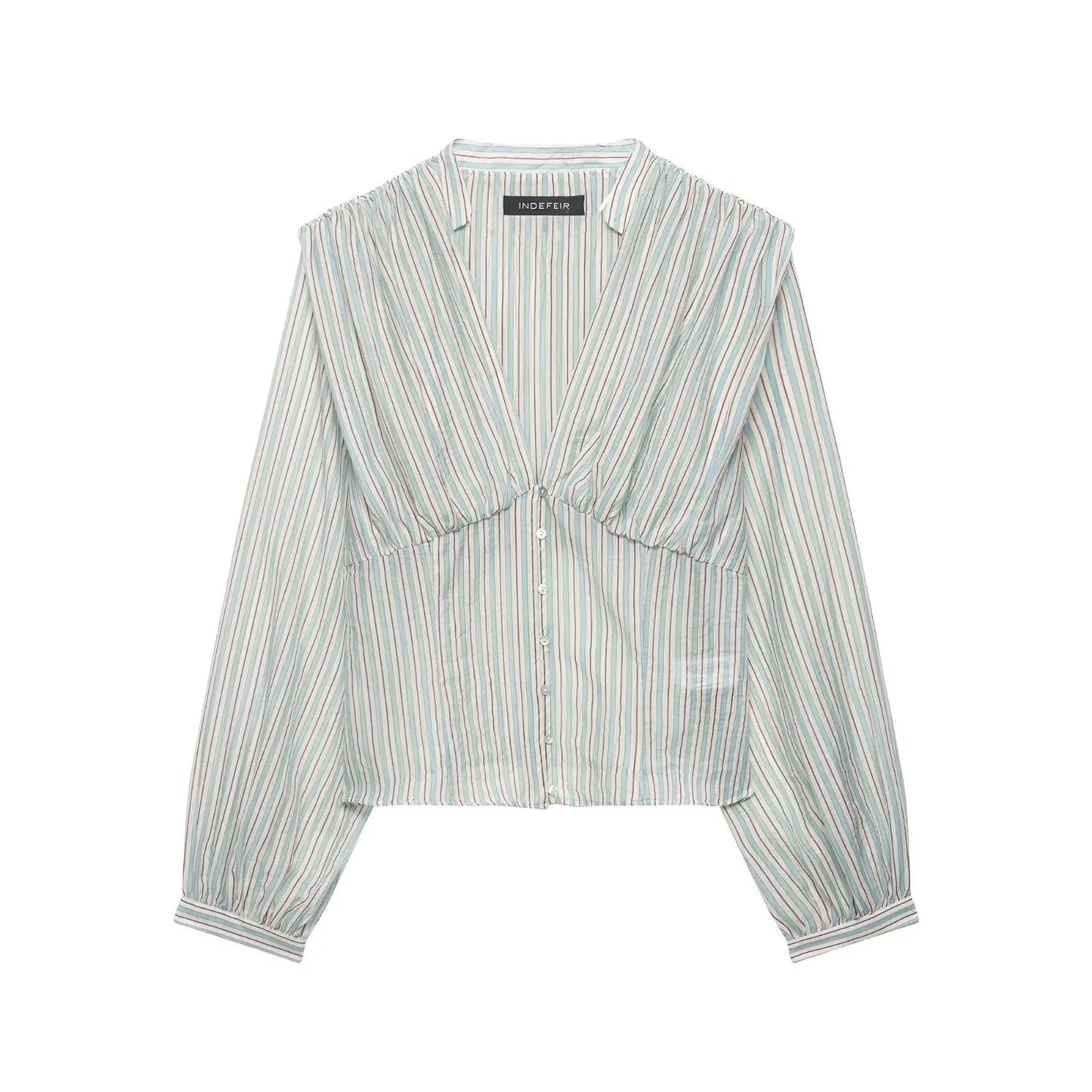 Women Clothing Top Product V neck Casual Stripes Waist Trimming Shirt Wanita Store