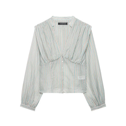 Women Clothing Top Product V neck Casual Stripes Waist Trimming Shirt Wanita Store