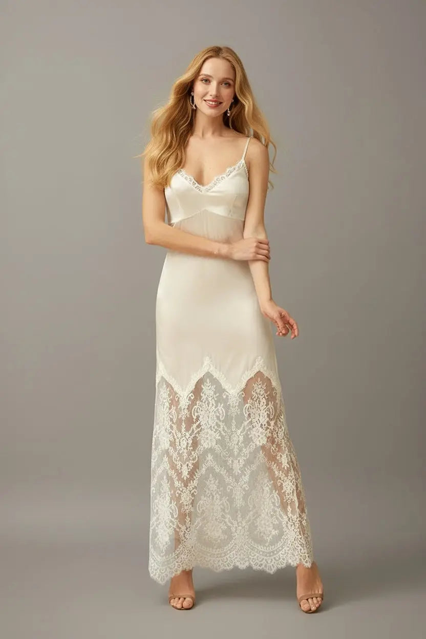 Chantilly Lace Long Robe with Silky Satin Lace Nightgown - next day shipping SelenaHuanStudio