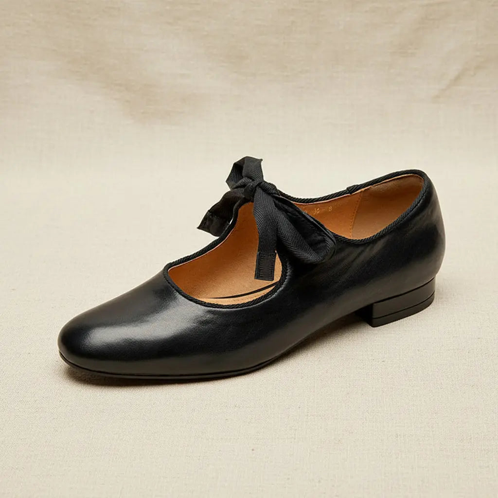 Women's French Vintage Genuine Leather Round Toe Chunky Heel Shoes FitiqueFit