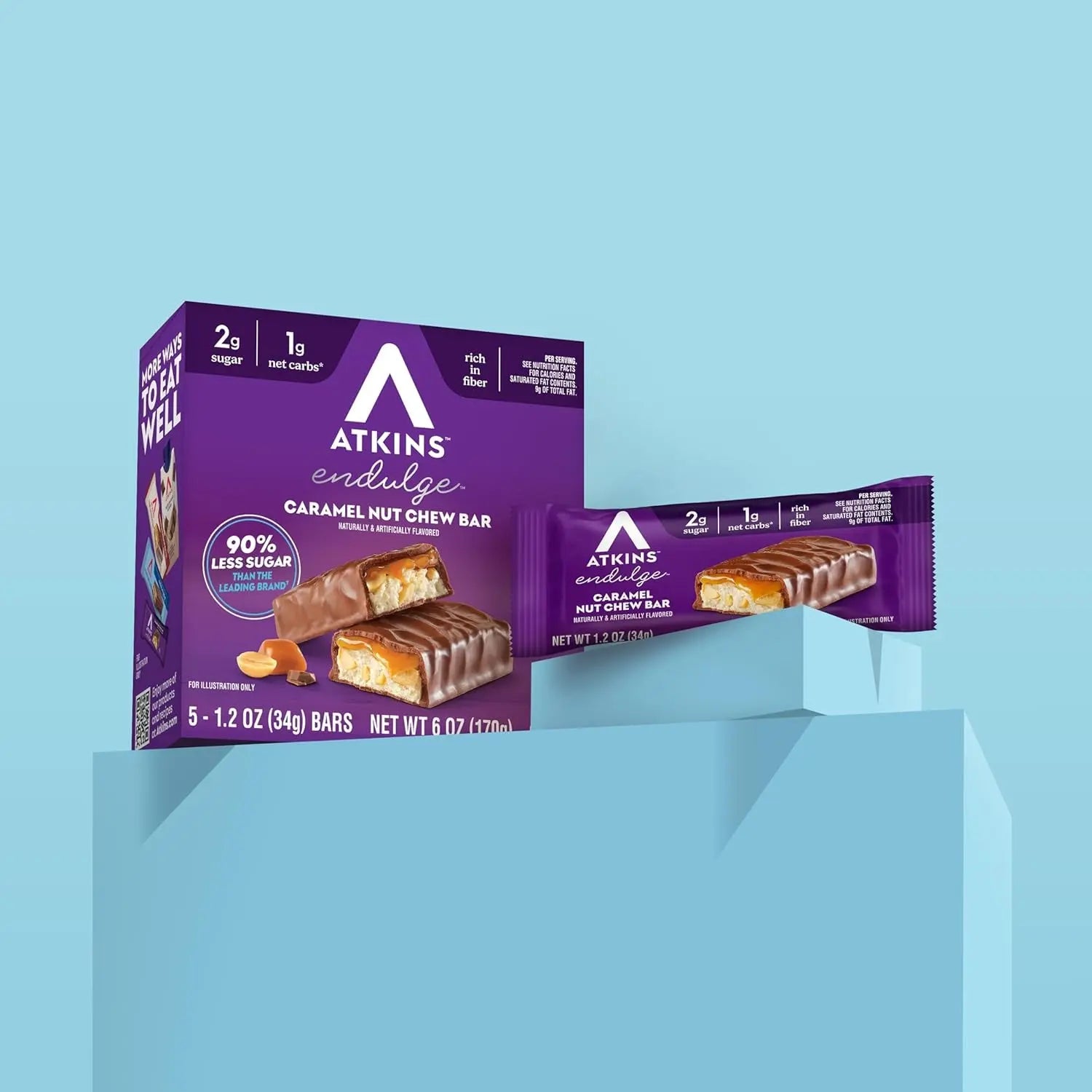 Atkins Endulge Caramel Nut Chew Bar, Dessert Favorite, 1G Sugar, Good Source of Fiber, 5 Count