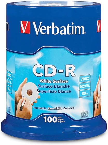CD-R Blank Discs 700MB 80 Minutes 52X Recordable Disc for Data and Music with Blank White Surface - 100 Pack Spindle