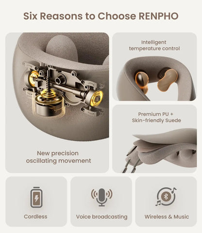 Shiatsu Neck and Shoulder Massager with 2 Levels Heat, Cordless Deep Tissue Massage with Music Playable Bluetooth