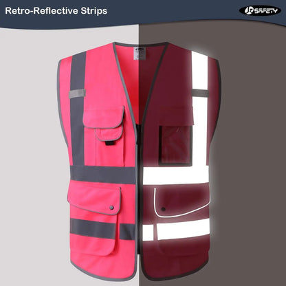9 Pockets High Visibility Zipper Front Safety Vest with Reflective Strips, Meets ANSI/ISEA Standards (Large, 150-Pink)
