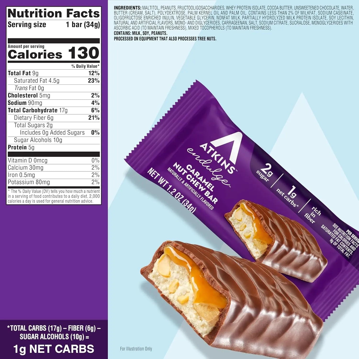 Atkins Endulge Caramel Nut Chew Bar, Dessert Favorite, 1G Sugar, Good Source of Fiber, 5 Count