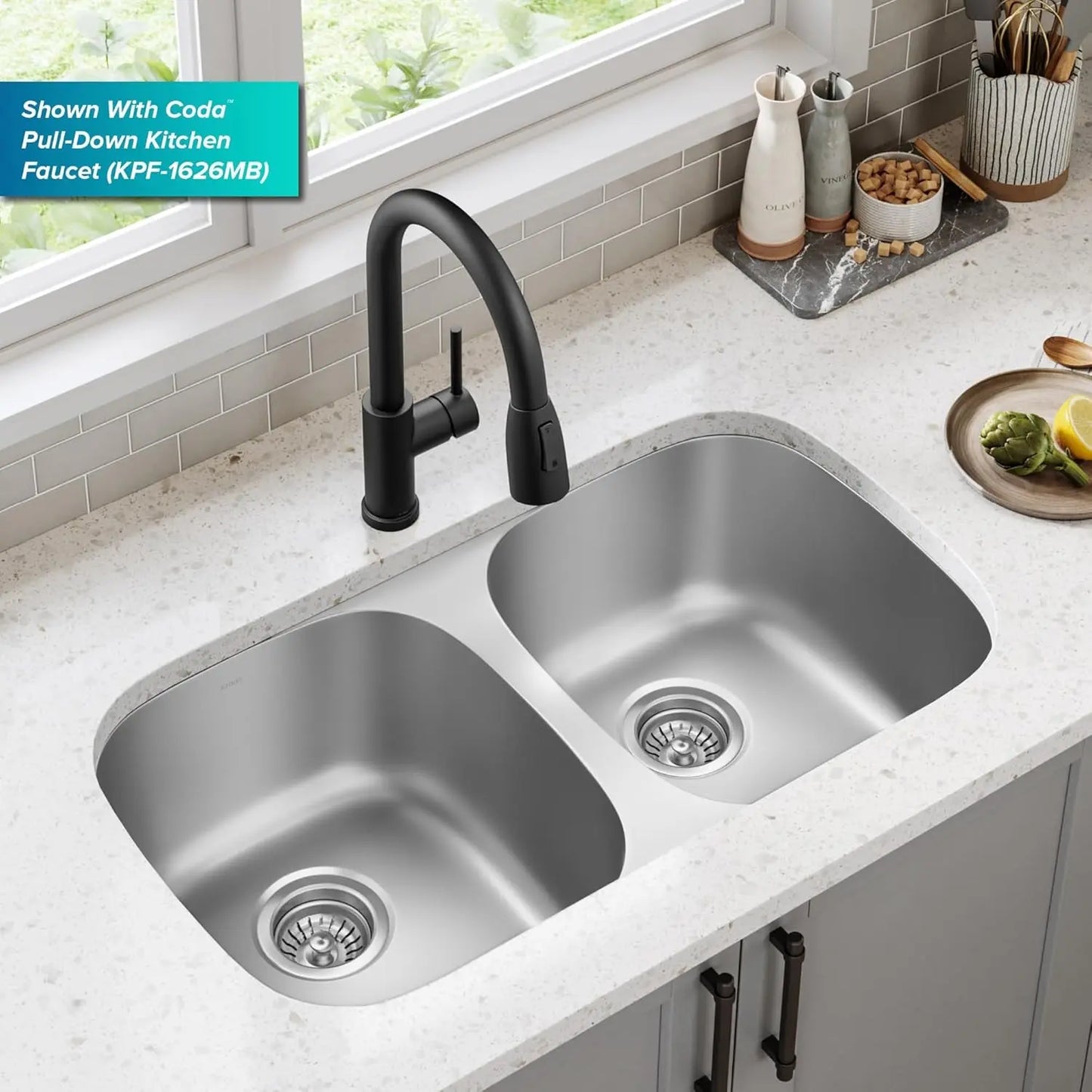 KRAUS Premier 32-Inch Undermount 50/50 Double Bowl 18-Gauge Stainless Steel Kitchen Sink with Strainers (X2), KBU22