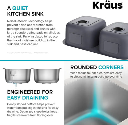 KRAUS Premier 32-Inch Undermount 50/50 Double Bowl 18-Gauge Stainless Steel Kitchen Sink with Strainers (X2), KBU22