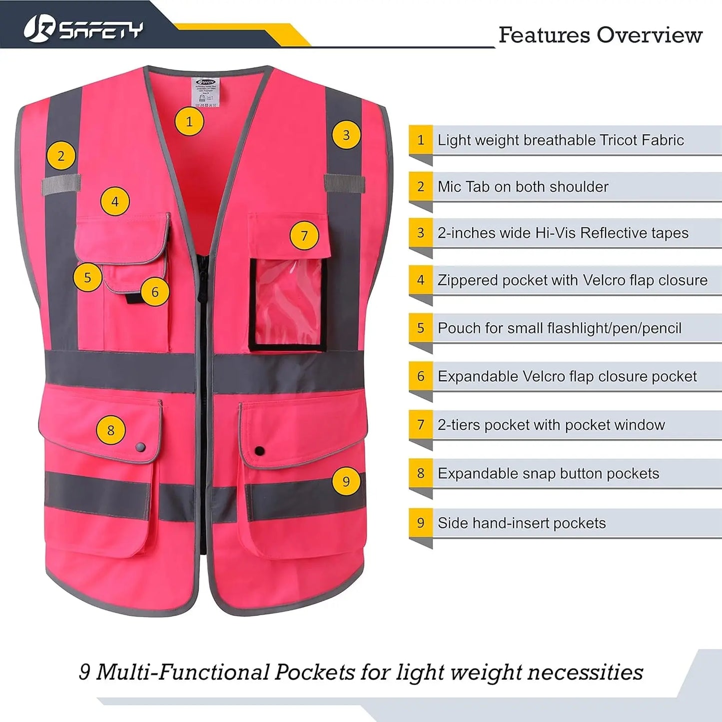 9 Pockets High Visibility Zipper Front Safety Vest with Reflective Strips, Meets ANSI/ISEA Standards (Large, 150-Pink)