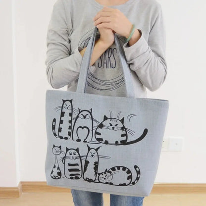 Cartoon Cats Printed Beach Zipper Bag Women Fashion Canvas Tote Shopping Handbags