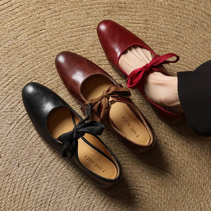 Women's French Vintage Genuine Leather Round Toe Chunky Heel Shoes FitiqueFit