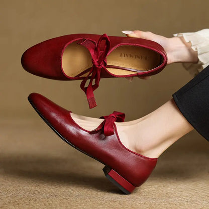 Women's French Vintage Genuine Leather Round Toe Chunky Heel Shoes FitiqueFit