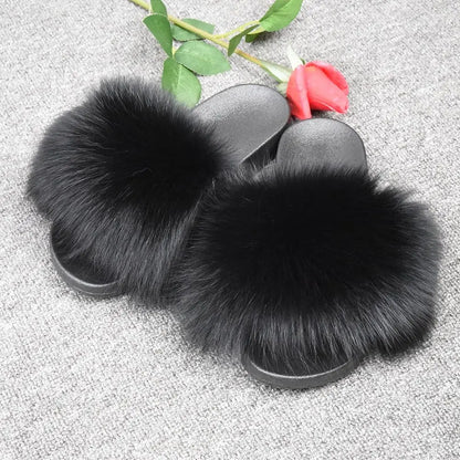 Real Fox Fur Slides for Women - Fluffy Fur Slippers Open Toe Flat Sandals for Outdoor